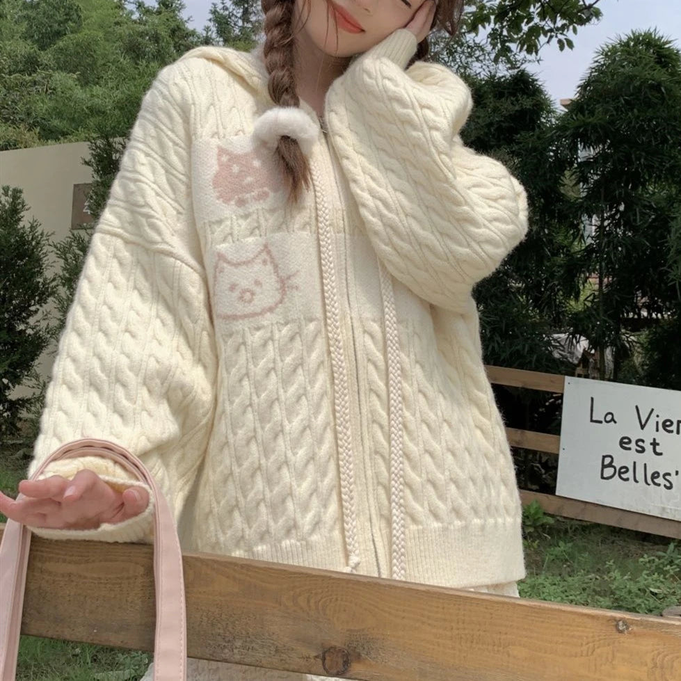 Voguable Japanese Anime Cats Kawaii Sweaters Oversized Cardigan Youth Women Students Knitwear Autumn Winter Jackets Coats Korean Trendy voguable