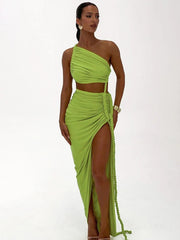 Off-shoulder Thigh High Split Sexy Maxi Dress For Women Fashion Strapless Sleeveless Ruched Bodycon Club Party Dress voguable