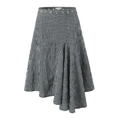 Women Vintage Black White Irregular Plaid Skirt Metal Eyelets High Waist A-line Cotton Summer Skirts Holiday