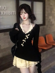 Fall Winter Women Y2k Shoujo Girl 2000s Kpop Korean Outfits 2 Piece Set Long Sleeve Tops + Coquette Ballet Core Mini Lace Dress voguable