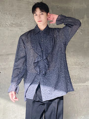 Voguable Stylish High Quality Organza Translucent Long Sleeve Shirts Men's 2024 New Fashion Solid Color Ruched Design Tops voguable