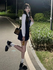 Voguable Casual Korean Style Two-piece Dress Women 2023 Autumn White Long Sleeve Shirt Elegant High Street Sleeveless Mini Strap Dress voguable