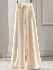 Elegant Sweet Knitted Pants Women Loose Fashion Pockets High Waist Trousers Casual Lady Fall Winter Lace Up Chic Wide Leg Pant voguable