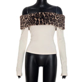 Voguable Sexy Slash-Neck Leopard Faux Fur Collar T-Shirts for Women Autumn Fashion Off Shoulder Long Sleeve Furry Y2K Tees Female voguable