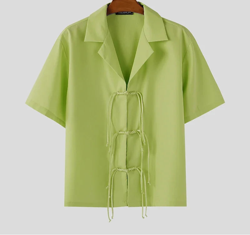 Men Shirt Solid Lapel Short Sleeve Button Hollow Out Male Tops Shirts Summer Loose 2025 Fashion Men Clothing Streetwear voguable