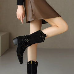 New Genuine Leather Retro Boots Women Zipper Mid Calf Boots Square High Heels Punk Chunky Cowboy Western Boots Female Shoes voguable