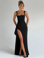 Black Backless Sexy Maxi Dress For Women Gown Spaghetti Strap Sleeveless Thigh High Split Club Evening Long Dress voguable