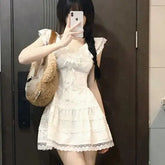 Voguable Y2k Coquette White Lolita Sweet White Kwaii Cute Mini Dress Women Lace Bow Princess Slip Lace Short Dresses 2024 Fashion voguable