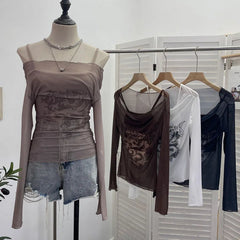 Sexy Slash Neck Mesh Sunscreen T Shirt Y2K Streetwear Print Long Sleeve Patchwork Camis Suit Fashion Folds Slim All Match Tees voguable
