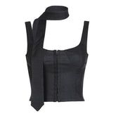 Corset Tank Tops for Women y2k Clothes Solid Color Slim Fit V Neck Sleeveless Bustier Vest with Scarf 2000s Streetwear voguable