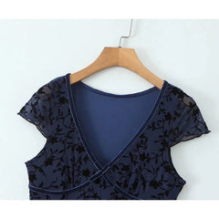 New Women Navy Blue Floral Print Mesh A-line Midi Dress High Waist V Neck Short Sleeve Summer Dresses Vintage Robe voguable