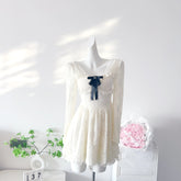 Women's Vintage Lace Short Dresses Bow Long Sleeves Ruffles Square Collar A-Line Fashion Dress 2025 New Korean Prom Vestidos voguable