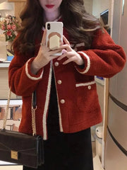 Red Faux Lamb Sweet Coat Women Korean Long Sleeve Winter Warm Jacket Vintage Casual O Neck Elegant Pearls Buttons Cute Tops voguable