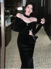 Autumn Solid Vintage Women Party DressesVintage Halter Long Sleeve Mermaid Dress Elegant Off Shoulder Midi Evening Vestidos voguable