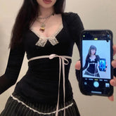 Contrast Lace Bow Cropped Top Sweet Coquette Square Collar T Shirts Black Casual Full Sleeve Tee Women y2k Aesthetic Lady voguable