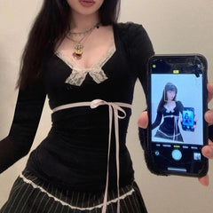 Contrast Lace Bow Cropped Top Sweet Coquette Square Collar T Shirts Black Casual Full Sleeve Tee Women y2k Aesthetic Lady voguable