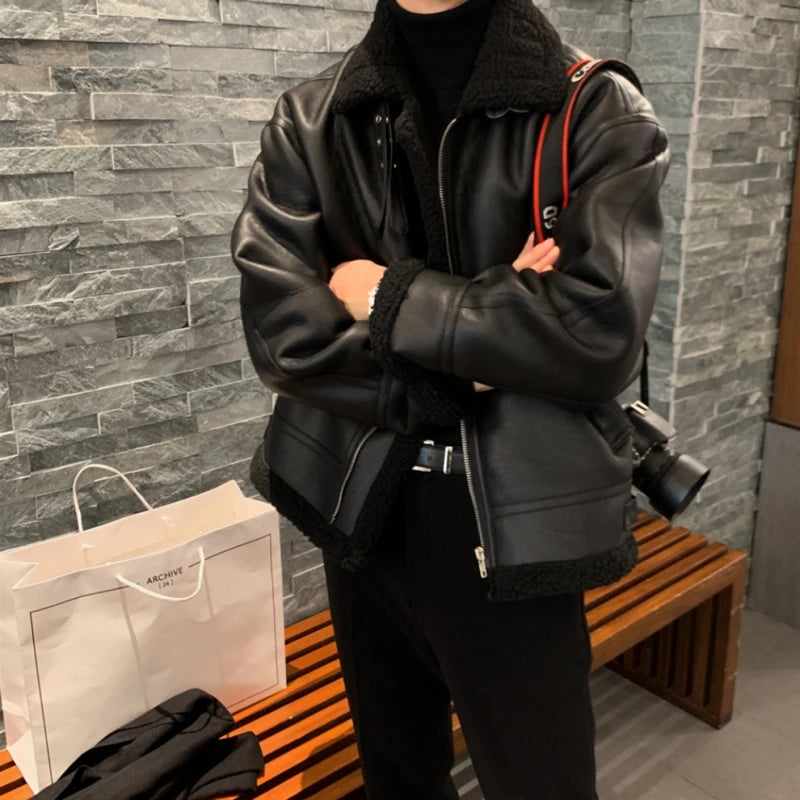Voguable Winter Jacket Men Warm Fashion Thickened Leather Jacket Men Streetwear Korean Loose Short Coat Mens Thick Lamb Wool Jackets voguable