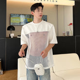 Voguable Hollow Out Mesh Splicing Design T-shirt Short Sleeve Men's 2024 Summer Street High Quality Solid Color Trendy Tops voguable