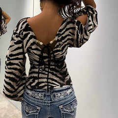 Voguable Fashion Leopard Printing T-shirts Bead Halter Off Shouler V Neck Flare Sleeve Loose Fit Female Tie Up Sexy Ladies Tops Clothes voguable