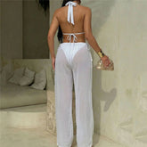Voguable Holiday Solid White Swimwear with Mesh Trousers Halter Bikinis Sets 3 Pieses Sexy Swimsuit Women Thong Bikini Beachwear voguable