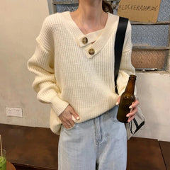 V-neck Knit Pullover Women Slouchy Long Sleeve Drop Shoulder Sweater with Buttoned Strap Cozy Knitwear Autumn Winter Chic Outfit voguable