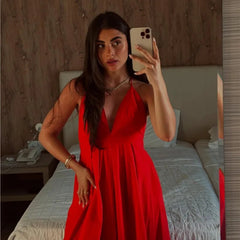 Red Backless Vacation Long Dress 2025 New Solid Color Sleeveless Beach Slip Dress Vestidos Fashion Chic Simple Woman Clothing voguable