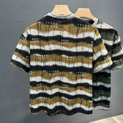 Voguable Summer New Style Personalized Striped Frayed Sequins Trendy Brand T-shirt Loose Casual Versatile Round Neck Men's Short Sleeves voguable