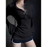 Voguable Women's Long Sleeve Polo V Neck T-shirt Button Bodycon Tops Y2K Style Korean Popular Sexy Crop Tops White Blouse for Spring Fall voguable