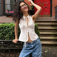 y2k Tank Top Women Summer Clothes White Flower Embroidery Mock Neck Front Cutout Sleeveless T Shirt Vest Streetwear voguable