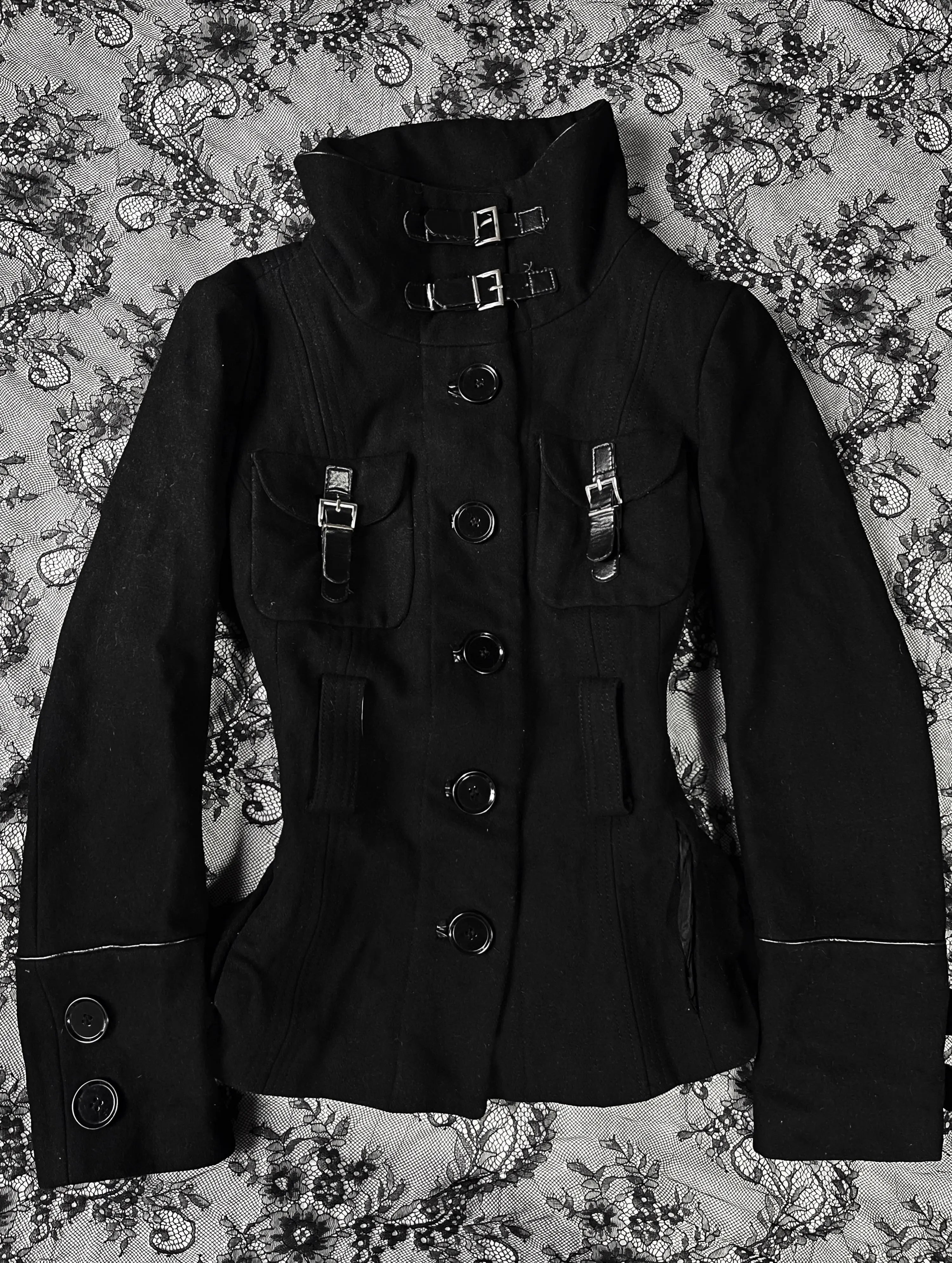 Voguable Women's Y2K Gothic jacket with black stand up collar button details, slim fit jacket, punk retro 2000s Alt fashion jacket voguable