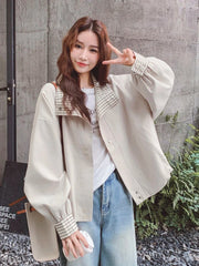 Korean Sweet Chic Jacket Women Loose Fall Long Sleeve Elegant Short Coat Fashion Plaid Patchwork Preppy Style Cute Outwear Tops voguable