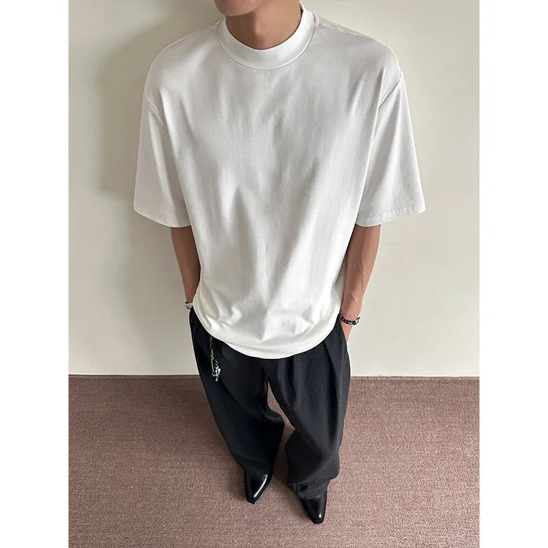 Men Cotton Short Sleeve Tshirt Breathable Soft Round Semi High Neck Solid Color Summer Comfort Casual Tee Lightweight Top voguable