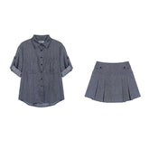 Fake Denim Fashion Spring Summer Outfits 2025 New Lapel Blouse Top And Short Skirt Two Piece Set Streetwear Shirts + Pleat Skirt voguable