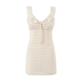 New Women Flying Sleeve V Neck Plaid Dress Sexy Sleeveless High Waist Female Summer Short Dresses Holiday Robe