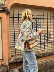 Women Green Flower Printed Quilted Warm Coat Autumn Oversized Long Sleeve Cotton Jacket Winter Casual Fashion Streetwear voguable