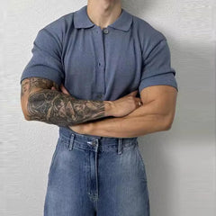 Summer Men's Clothing Light Luxury Knit Polo Shirt Korean Solid Color Short Sleeve Button-down Retro Fashion Leisure Knitwear voguable