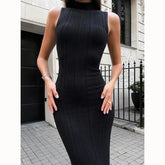 Voguable Sexy Sleeveless Bodycon Long Elegant Dress Women Half High Collar Knitting Chic Slimming Dress Woman Medium Length Dresses voguable