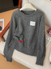 Cute 3D Cherry Sweaters Women Lazy Wind Long Sleeve Knitted Jumpers Japan Loose O Neck Female Kawaii Sweet Pullovers Tops voguable