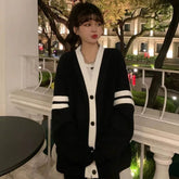 Varsity Cardigan Sweater for Women Long Sleeve V-Neck Button-up Knit Slouchy Cardi Korean School-girl Preppy Fall Winter Outfit voguable