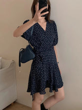 Voguable One Pieces Floral Women Dress Korean Lace Up Puff Sleeve Fashion Mini Dress V Neck Chic Casual Commuting Simple Female Dress voguable