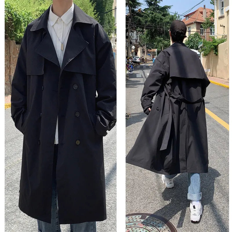 Korean style Spring Trench Coat Male Streetwear Windbreaker Trenchcoat Men Solid Business Casual Loose Long Overcoat voguable