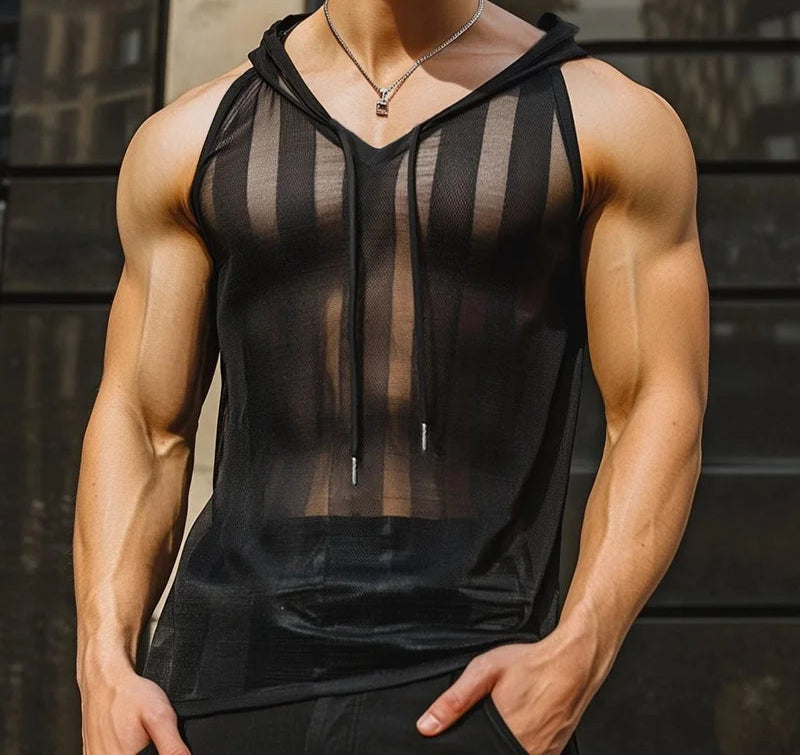 Men Tank Tops Striped Mesh See Through Sexy V Neck Sleeveless Male Vests Hooded Streetwear 2025 Fashion Men Clothing voguable