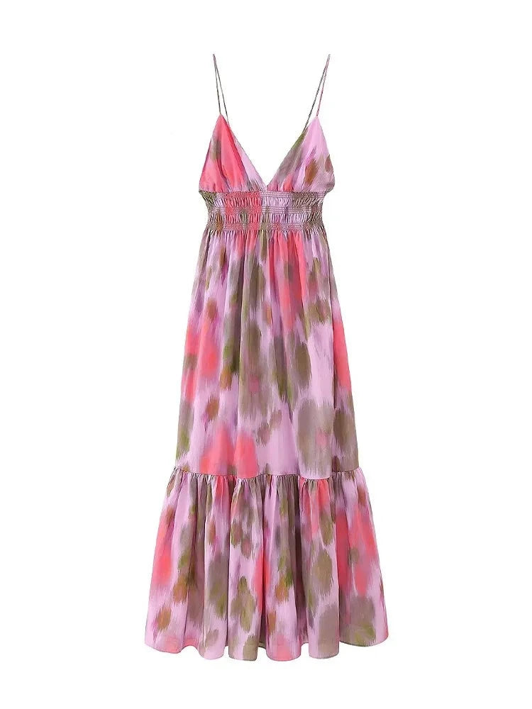 Voguable Women Fashion Printed Elastic Waist Backless Lace Up Midi Dress Vintage Thin Straps V-Neck Female Chic Lady Dresses voguable