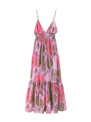 Voguable Women Fashion Printed Elastic Waist Backless Lace Up Midi Dress Vintage Thin Straps V-Neck Female Chic Lady Dresses voguable