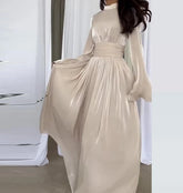 Voguable High Waist Silky Dress French Light Luxury Elegant Style Spring Summer Long Sleeved Solid Color Round Neck Long Skirt voguable