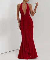 Voguable Summer new women's fashionable and sexy deep V-shaped backless hip dress, with lace up pleats and fish tail long skirt voguable