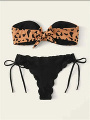 Beach Bikini Woman Sexy Front Lace Up Tie Bandeau Leopard Swimsuit Female Push Up Ruffled Bow Bathing Suit Thong Swimwear