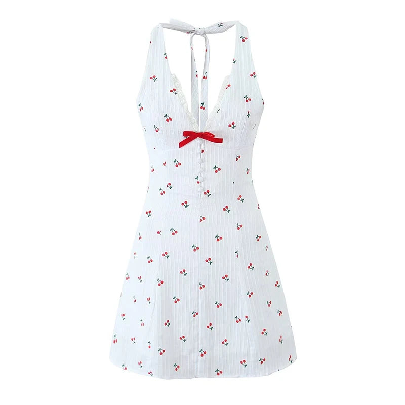 Sexy Backless Halter Holiday Beach Dress For Women Sleeveless A-line Cherry Print Summer Dresses Short Robe voguable