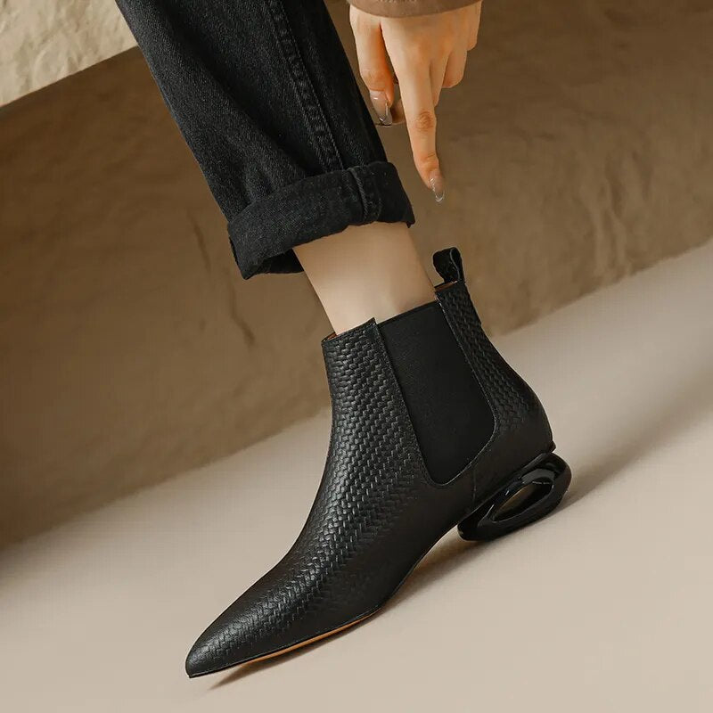 New Women Ankle Boots Fashion Design Strange Heels Mature Shoes Woman Genuine Leather High Quality Office Lady Basic Boots voguable