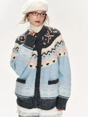 American Retro Print Cardigan Women Loose Lazy Wind Harajuku Knitted Sweater Casual Fall Winter Vintage O Neck Female Y2K Tops voguable